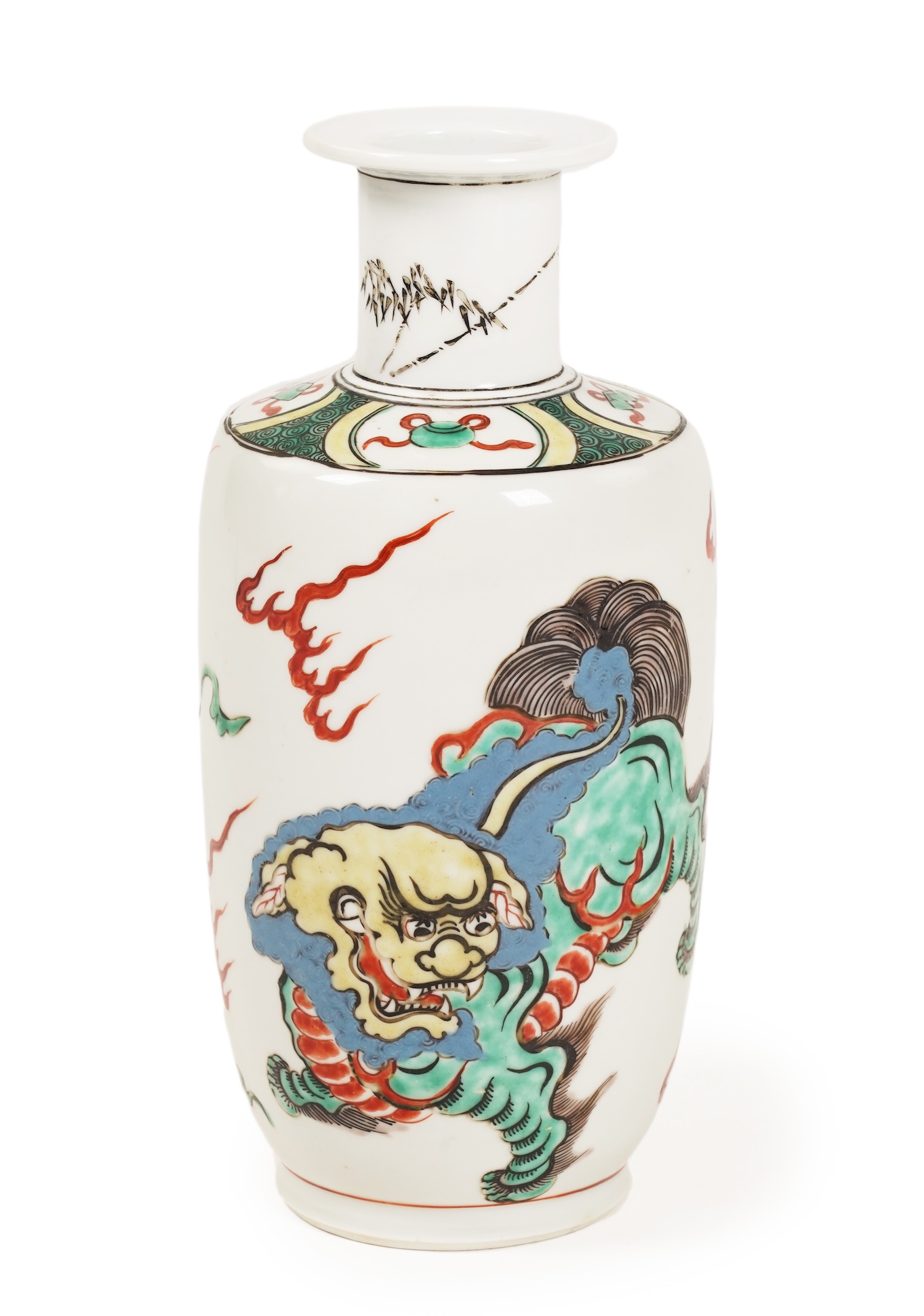 A Chinese famille verte 'Buddhist lion' rouleau vase, probably Kangxi period